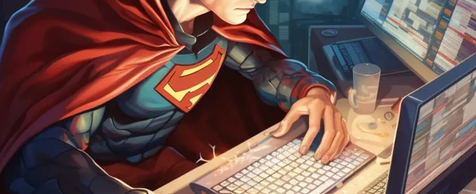 Superman types on a keyboard