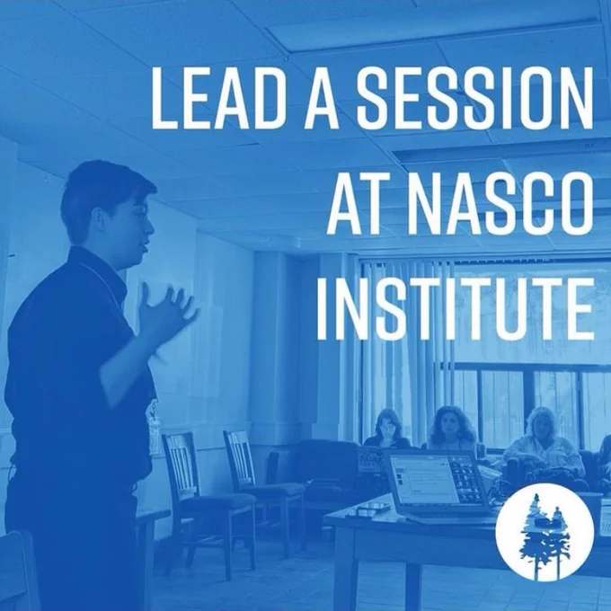 Person presenting to a room with a blue filter across the photo. In text: lead a session at NASCO INSTITUTE. 