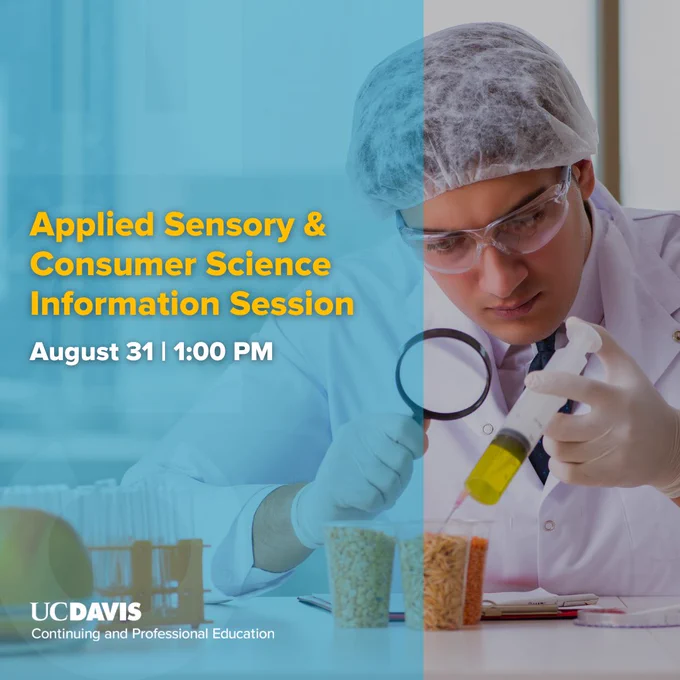 A food scientist injecting fluids into a product. The overlay text reads, "Applied Sensory & Consumer Science Information Session, August 31, 1:00 PM."