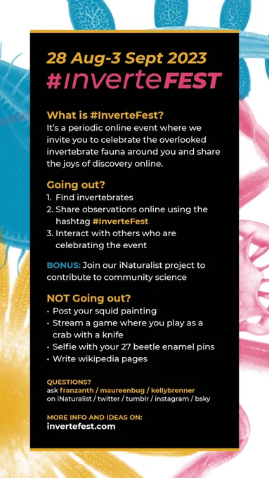 an infographic detailing Invertefest 28 aug-3 sept

a periodic event to find and celebrate inverts

find inverts
share observations with hashtag #invertefest
interact with others