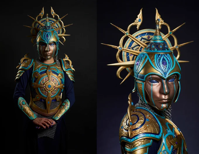 Two photos placed side by side of a model wearing a suit of gold and turquoise armour inspired by traditional Islamic armour, with a connical helmet and a sunburst halo behind the helmet.