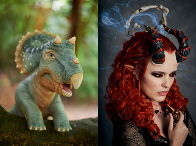 Two photos of two different pieces side by side. On the left is a baby triceratops puppet made from latex, posed perched over a tree branch with her mouth open. On the right is a model wearing a prosthetic makeup with horns growing from her head and long curly red hair.