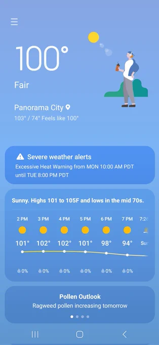 Screenshot of Samsung weather app showing an overdressed (long pants, sweater) individual in triple digit heat.