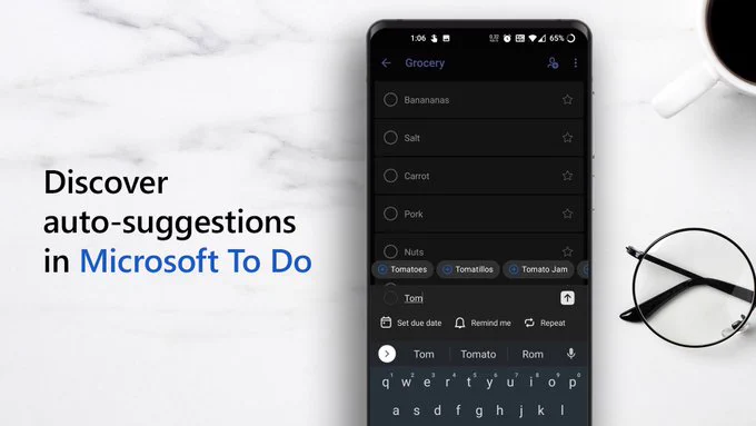 Phone with To Do U I showing auto-suggestions. Text reads "Discover auto-suggestions in Microsoft To Do."
