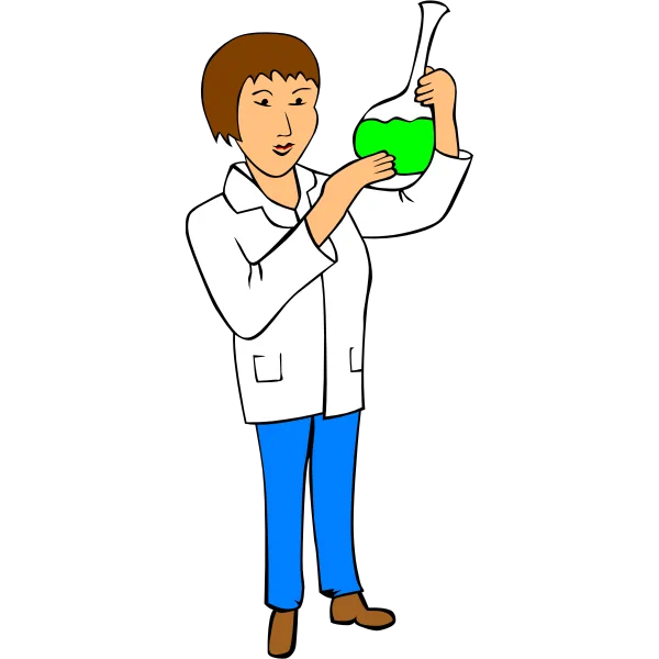 Cartoon of woman scientist in white lab coat, holding up a flask of green liquid.