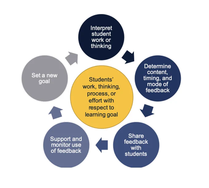 Graphic with a flow chart around a single orb. In the middle is "Students' work, thinking, process, or effort with respect to learning goal." Around the orb, the circular flow chart is as follows: "Set a new goal --> Interpret student work or thinking --> Determine content, timing and mode of feedback --> Share feedback with students ---> Support and monitor use of feedback. The final category returns to the beginning, i.e. "set a new goal."