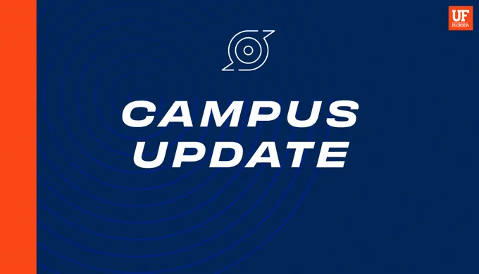 An orange and blue graphic that reads campus update