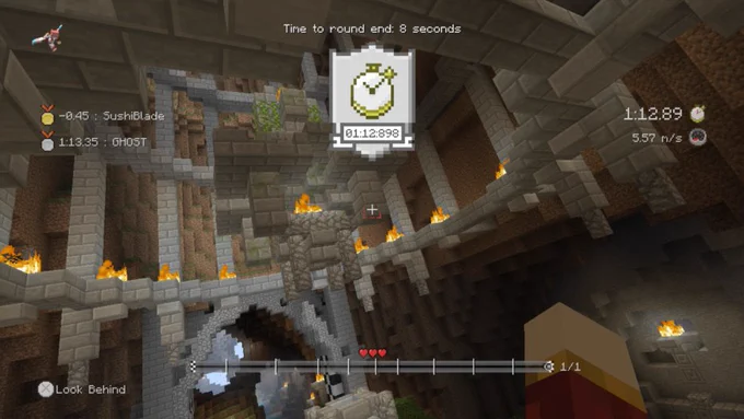 Me reaching a time of 1:12:898 on the Cavern map in the Glide minigame of Minecraft: Wii U Edition.