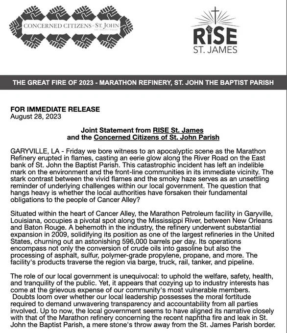 Statement on the Marathon chemical fire.
