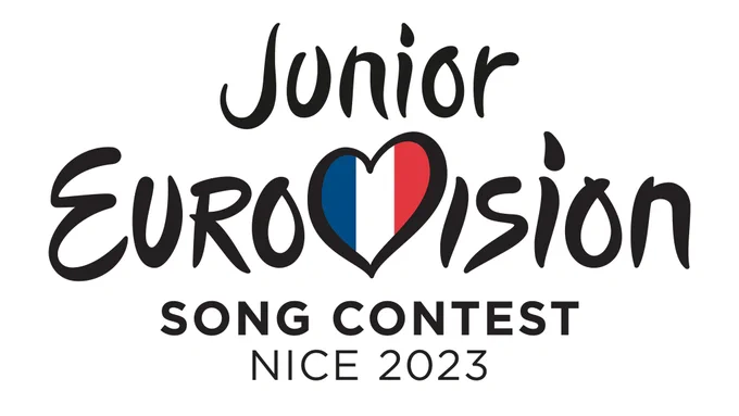 Junior Eurovision Song Contest, Nice 2023 is written in black on a white background. The letter v in Eurovision is shaped like a heart and within it the blue, white and red of the flag of France is featured.