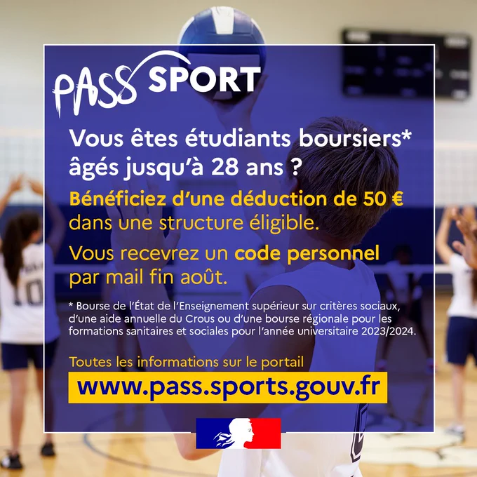 Pass'Sport. Vous êtes étudiants boursiers âgés jusqu'à 28 ans ? Bénéficiez d'une déduction dans une structure éligible. Vous recevrez un code personnel par mail fin août. Boursiers : bourse sur critères sociaux de l’État, allocation spécifique annuelle du Crous, bourse pour les formations sanitaires et sociales pour l'année universitaire 2023/2024. Toutes les informations sur le portail www.pass.sports.gouv.fr