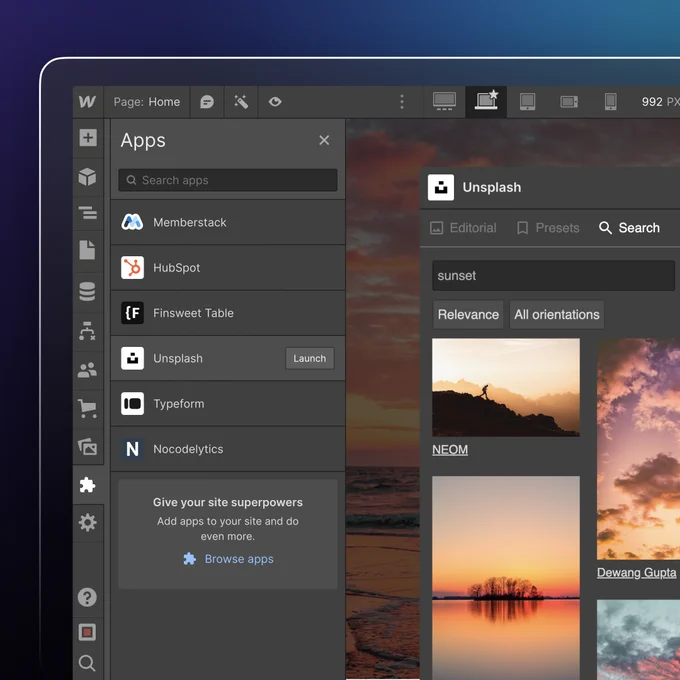 Webflow Designer with Webflow Apps panel open on the left side featuring the Unsplash App in use.
