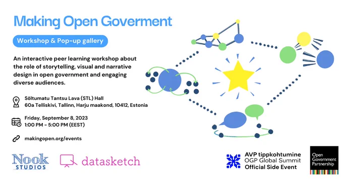 Workshop image: Making Open Government: Inspiring positive change with stories and design. 

An interactive peer learning workshop about the role of storytelling, visual and narrative design in open government and engaging diverse audiences. Register at makingopen.org/events
