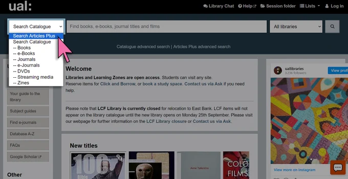 Screenshot of the Library catalogue home page showing the drop-down menu next to the Search box, with a large pink arrow mouse selecting 'Search Articles Plus'.