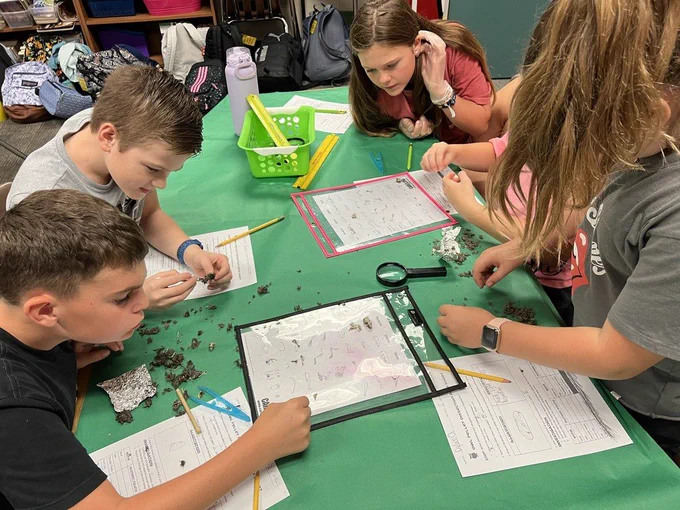 WCE 5th Grade students dissecting Owl Pellets
