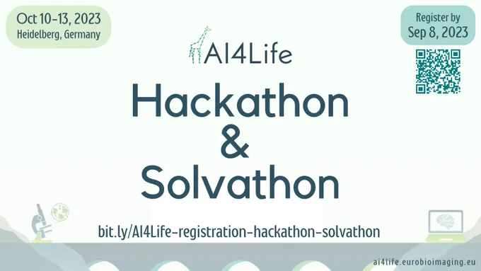 AI4Life Hackathon & Solvathon.
Oct 10-13, 2023
Heidelberg, Germany
Register by Sep 8, 2023
https://bit.ly/AI4Life-registration-hackathon-solvathon