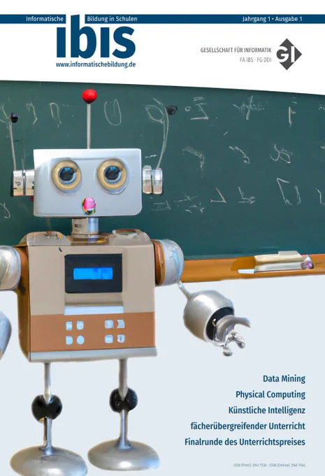 Titelbild der ibis - Informatische Bildung in Schulen; Bildquelle: Alexandra Koch https://pixabay.com/de/photos/ai-generiert-roboter-android-klasse-7718607/
