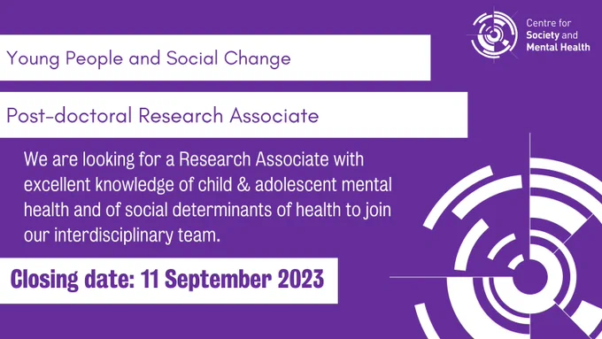 text with brief summary of job title and role, including closing date 11 september 2023 and centre for society and mental health logo. full text description and job details available in the link in the tweet