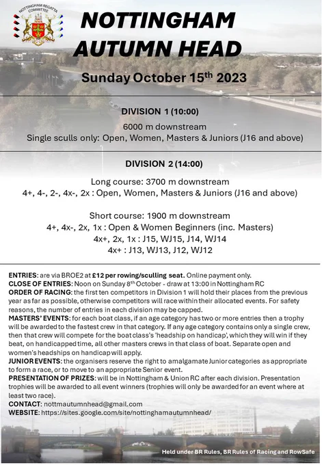 Notice Of Event for the 2023 Nottingham Autumn Head on Sunday 15th October.