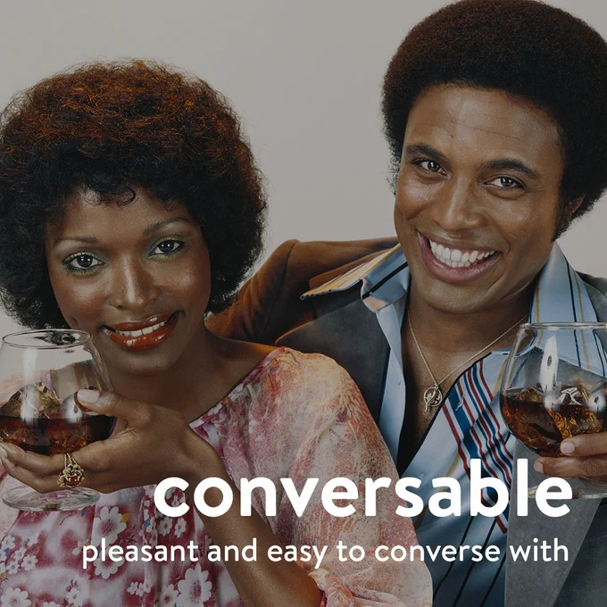 conversable 
pleasant and easy to converse with

Background Image: a happy couple holding drinks and smiling