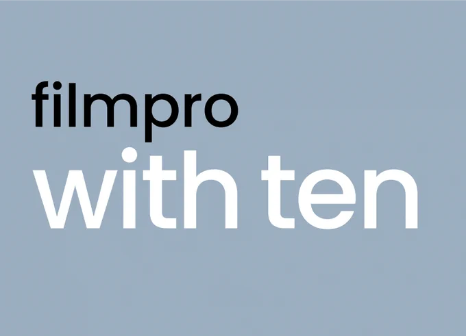The 'filmpro with ten' logo. The word 'filmpro' in black text and 'with ten' in larger font in white text, all against a grey background