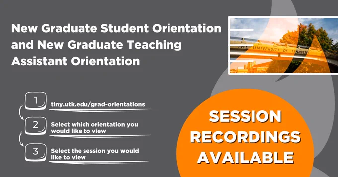 steps to access the recordings for the orientations. Step one go to tiny.utk.edu/grad-orientations. step 2 select which orientation you would like to view. step 3 select which session you would like to view. 
