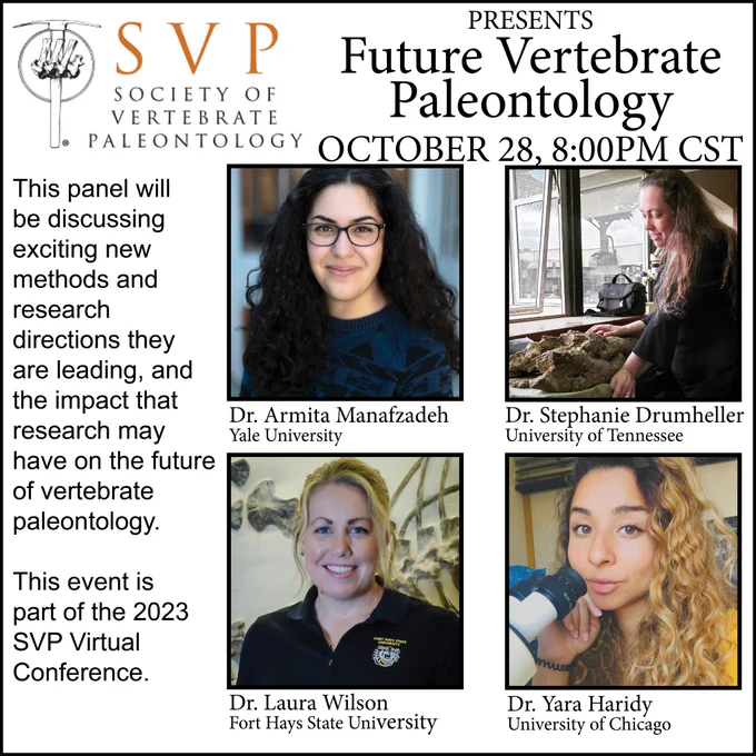 This panel will be discussing exciting new methods and research directions they are leading, and the impact that research may have on the future of vertebrate paleontology. 

This event is part of the 2023 SVP Virtual Conference.