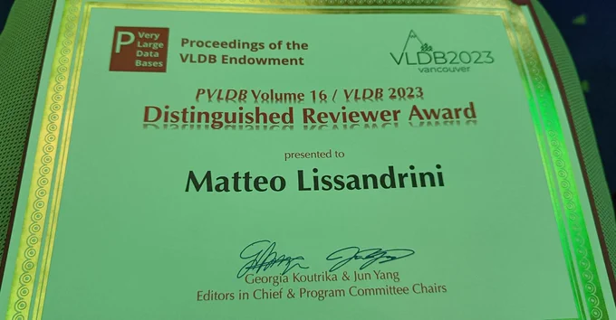 Distinguished reviewer award at vldb 2023