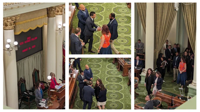 A collage of four photos taken in the California State Assembly chamber during the floor recognition of the 2023 CCST S&T Policy Fellows.
