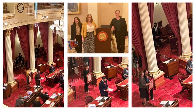 A collage of four photos taken in the California State Senate chamber during the floor recognition of the 2023 CCST S&T Policy Fellows.