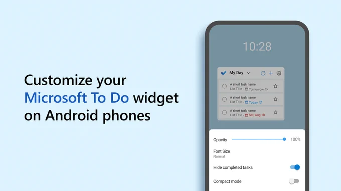 Phone with To Do customization U I. Text reads "Customize your Microsoft To Do widget on Android phones."