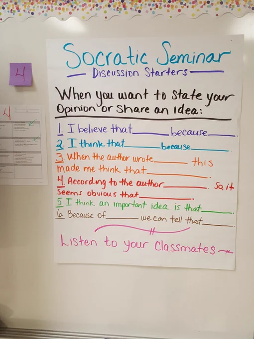 Photograph of anchor chart titled "Socratic Seminar discussion starters." Under the subheading "When you want to state your opinion or share an idea" there are a few sentence stems, such as "I believe that ___ because ___" or "Because of ____ we can tell that _____."