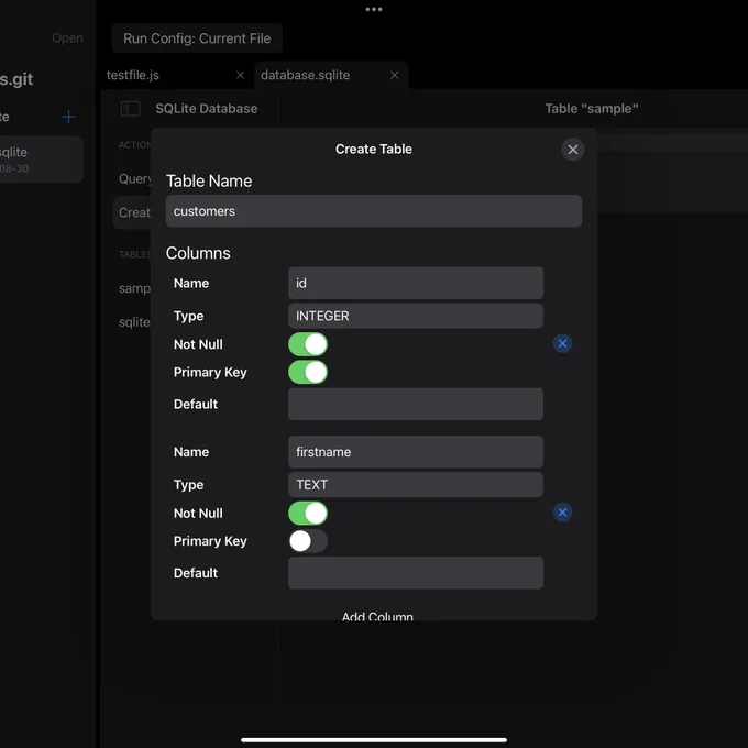 A screenshot of WebForge IDE, and web development environment for iOS. This screenshot is of the iPad version of WebForge. This screenshot shows the interface for creating a new database table. A modal window is show and has input boxes for Table Name, as well as inputs for multiple columns, allowing users to enter the column name, type, and set various attributes.