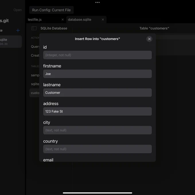 A screenshot of WebForge IDE, and web development environment for iOS. This screenshot is of the iPad version of WebForge. This screenshot shows the interface for inserting a new row into a database table. Each table column has an input for the user to enter data. The input has placeholders that explain the column type and various column attributes to assist with data entry.