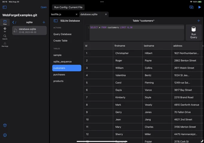 A screenshot of WebForge IDE, and web development environment for iOS. This screenshot is of the iPad version of WebForge. This screenshot shows the interface to see the contents of a database table. Tapping the table name loads a simple SELECT query. The query is shown in the SQL entry text box, and the table's contents are displayed below in a tabular, spreadsheet-like interface.