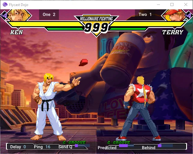 Capcom vs SNK 2 online match over Flycast Dojo. Now shows win record by each player's name.