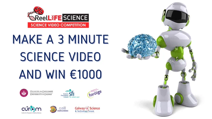 ReelLIFE SCIENCE video competition poster 2023. Make a science video and win €1000. Visit www.reellifescience.com for more information. 