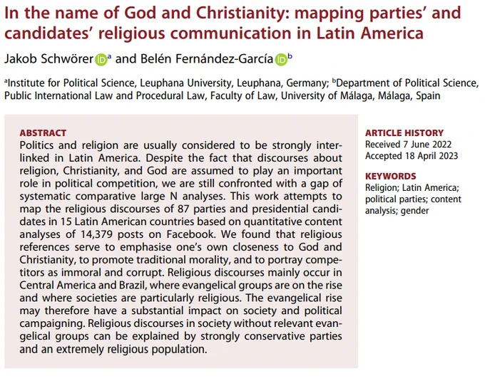 In the name of God and Christianity: mapping parties’ and
candidates’ religious communication in Latin America. Title and abstract.