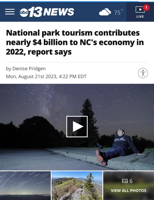 Screenshot of ABC 13 News’ article entitled: “National park tourism contributes $4 billion to NC’s economy in 2022, report says”. By Denise Pridgen. Photo of Blue ridge Parkway in North Carolina.