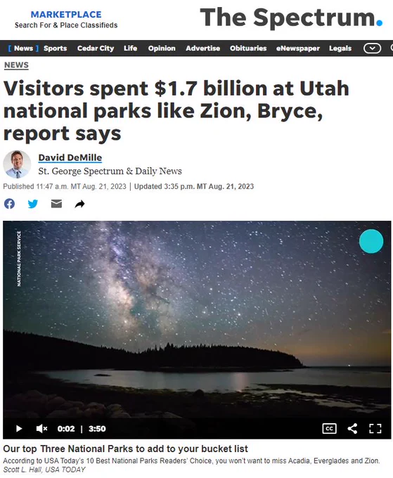 Screenshot of the St. George Spectrum & Daily News’ article entitled: “Visitors spent $1.7 billion at Utah national parks like Zion, Bryce, report says”. By David DeMille on August 21, 2023. Photo of a Utah National Park at night. 