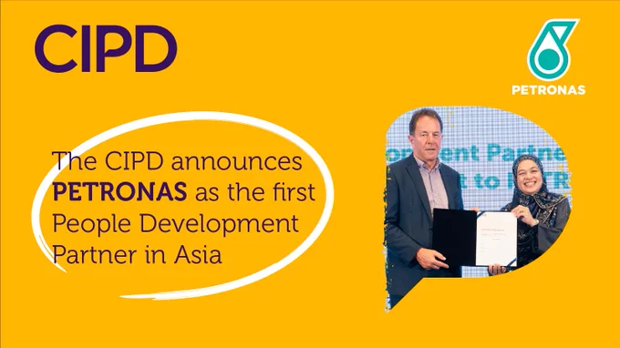 CIPD branded graphic displaying PETRONAS' logo with an image from the PDP signing ceremony. The text reads: 'The CIPD announces PETRONAS as the first People Development Partner in Asia'