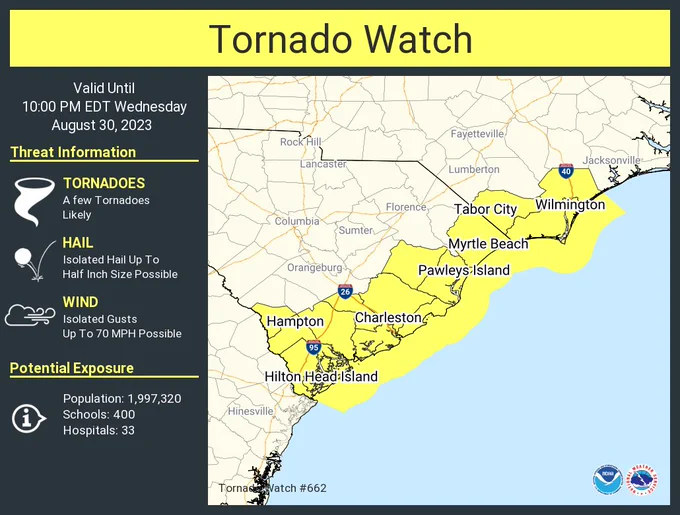 This graphic displays Tornado Watch watch number 662 plotted on a map. The watch is in effect until 10:00 PM EDT. The watch includes parts of North Carolina and South Carolina. The threats associated with this watch are a few tornadoes likely, isolated hail up to half inch size possible and isolated gusts up to 70 mph possible. There are 1,997,320 person in the watch along with 400 schools and 33 hospitals.