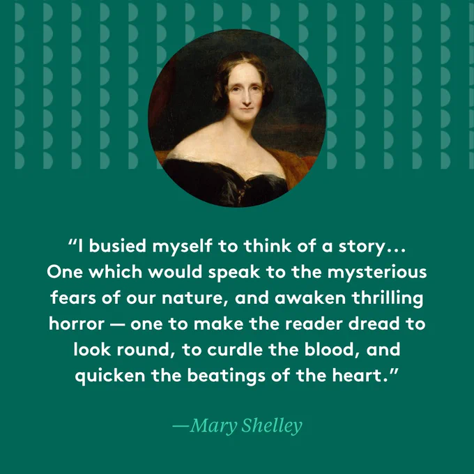 Text on a dark green background underneath a portrait of Mary Shelley. Text reads: “I busied myself to think of a story...One which would speak to the mysterious fears of our nature, and awaken thrilling horror — one to make the reader dread to look round, to curdle the blood, and quicken the beatings of the heart. —Mary Shelley