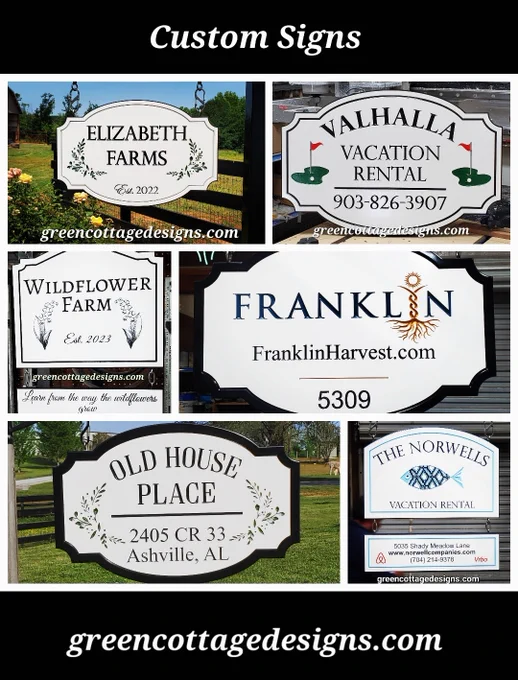 ¾" thick Solid PVC Signs

Engraved lettering all weather waterproof signs

Engraved painted designs

Computer previews are provided for your approval!

Made in the USA!

Shop online at our Etsy store green cottage design!