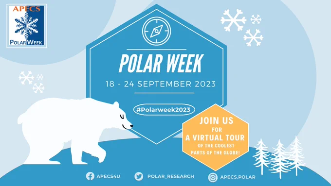 The image depicts an announcement of APECS International Polar Week that takes place 18 - 24 September 2023. More information, including the schedule of the week is to follow. 
