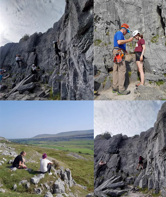 Young people rock climbing at the Yorkshire dales