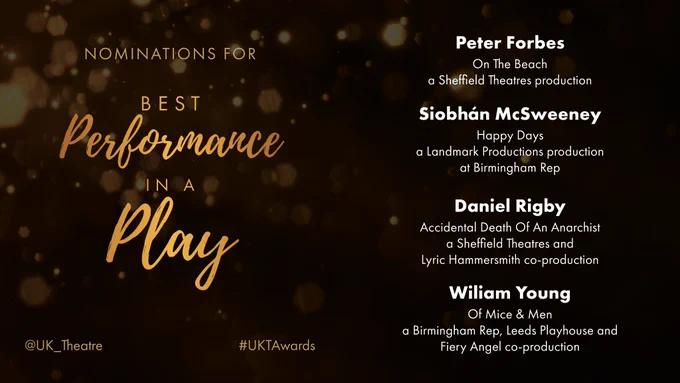 The nominees for Best Performance in a Play are:
Peter Forbes for On The Beach, a Sheffield Theatres production 
Siobhán McSweeney for Happy Days, a Landmark Productions production at Birmingham Rep 
Daniel Rigby for Accidental Death Of An Anarchist, a Sheffield Theatres and Lyric Hammersmith co-production 
Wiliam Young for Of Mice & Men, a Birmingham Rep, Leeds Playhouse and Fiery Angel co-production 