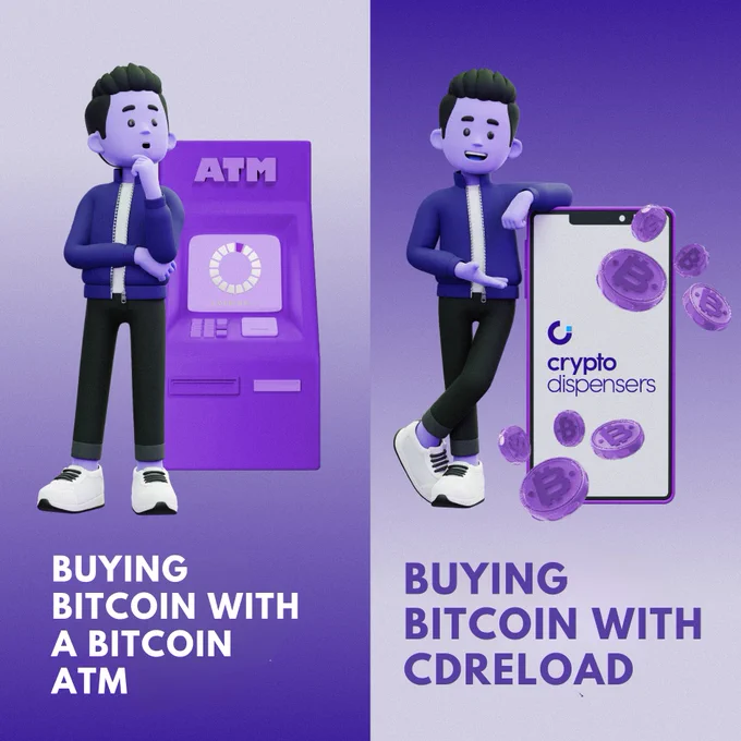 Animated character appearing frustrated while waiting at a Bitcoin ATM on the left, and the same character delighted next to a smartphone displaying the Crypto Dispensers logo on the right, with Bitcoin coins flying around.