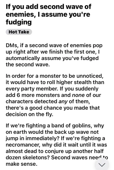 Image of a Reddit post saying that if a DM brings in a second wave of enemies they are fudging