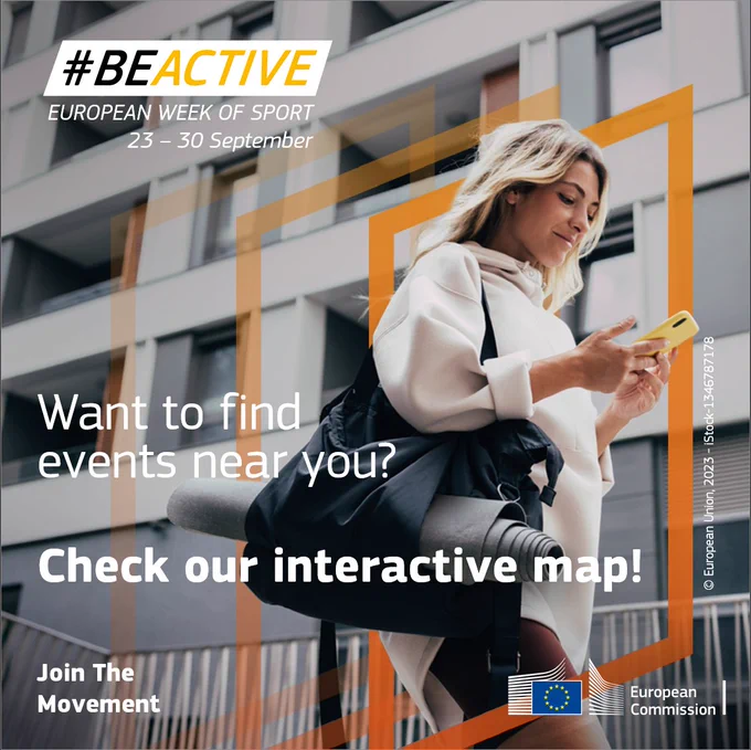 #BeActive European Week of Sport from 23 to 30 September 2023, European Commission. Want to find events near you? Check our interactive map and join the movement.
